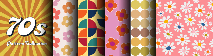1970s-Inspired Collection: Seamless Retro Patterns for Fashion and Textiles, Featuring Vintage Boogie-Era Graphics and Contemporary Blossom Designs