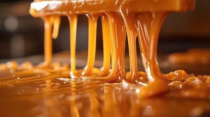 Warm and Gooey Caramel Candy Being Pulled and Stretched Showcasing Its Irresistible Texture and Golden Hue