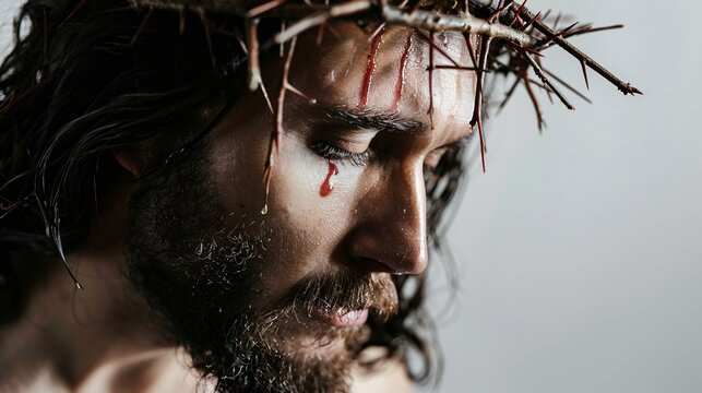 A poignant image of Jesus Christ crown of thorns adorning His head against a stark white backdrop digitally rendered