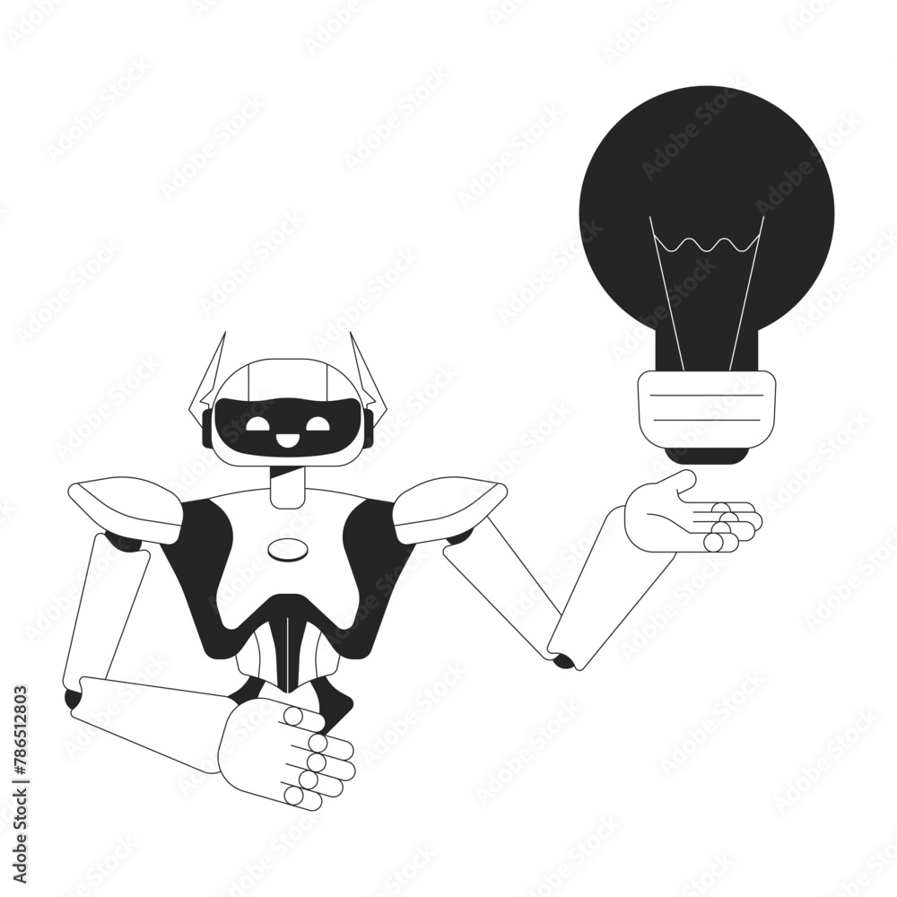 Poster robot assistant generating idea black and white 2d line cartoon character. robotics holding lightbul