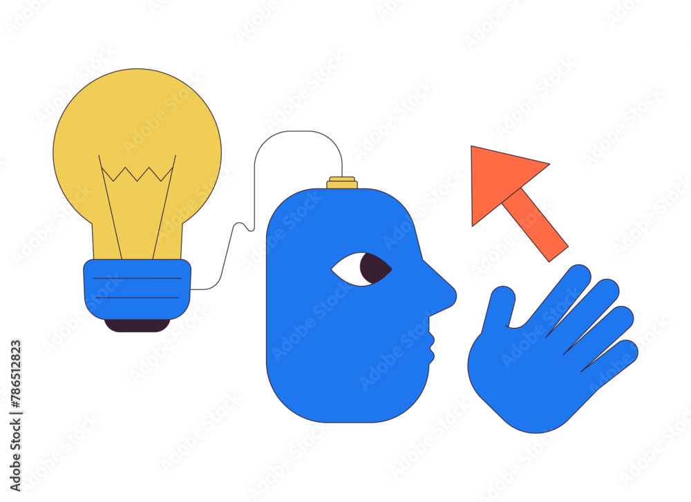 Poster innovative ideas generating 2d linear cartoon character. head with connected lightbulb isolated line