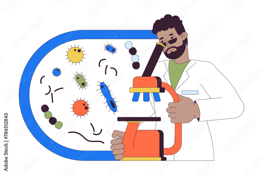 Poster scientist studying bacterium via microscope 2d linear cartoon character. medical lab assistant isola