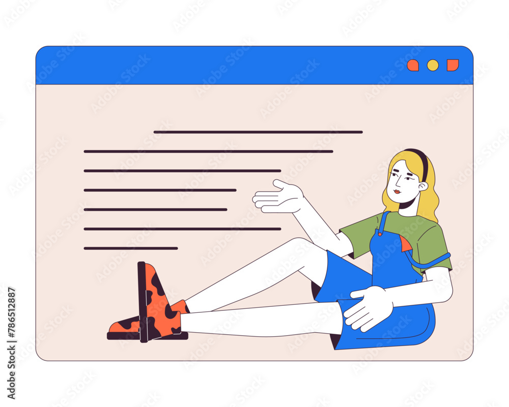 Poster woman pointing on website text block 2d linear cartoon character. female software developer isolated