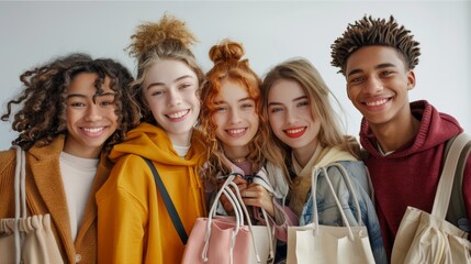 Beautiful fashion teenagers friends with bags shopping together and having fun at shopping mall. Generative ai