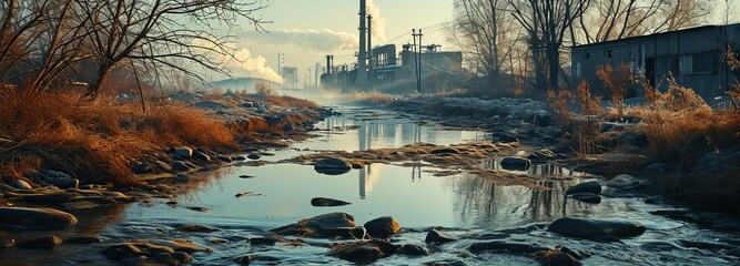 River pollution due to industrial activities - obrazy, fototapety, plakaty