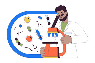 Scientist studying bacterium via microscope 2D linear cartoon character. Medical lab assistant isolated line vector person white background. Micro biology science color flat spot illustration