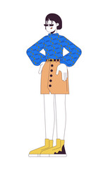 Smiling asian woman in casual clothes 2D linear cartoon character. Korean female holding hands on hips isolated line vector person white background. Youth lifestyle color flat spot illustration