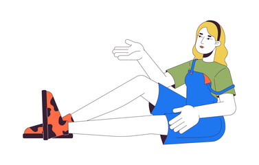 Blonde woman gesturing while sitting 2D linear cartoon character. Relaxed female communicating isolated line vector person white background. Chilling out time color flat spot illustration