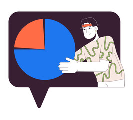 Man shows data analytics chart 2D linear cartoon character. Asian marketer in speech bubble isolated line vector person white background. Digital information study color flat spot illustration