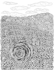 Field with haystacks. Grass. Haymaking. Coloring book page. Black and white vector illustration. Doodle style.	