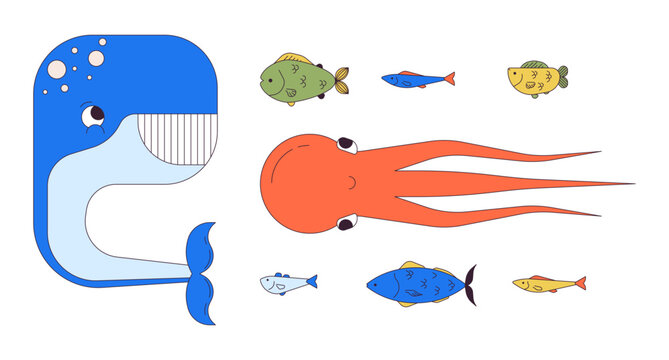 Deep sea creatures 2D linear cartoon characters set. Saltwater ecosystem habitats isolated line vector personages white background. Wildlife researching color flat spot illustrations collection