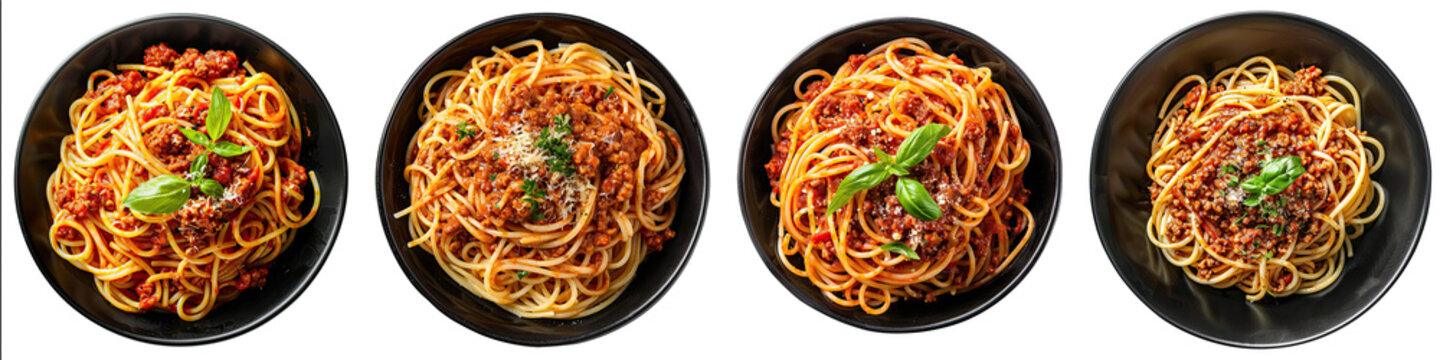 Collection of pasta spaghetti bolognese on black plate cutout png isolated on white or transparent background
