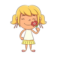 Happy girl smelling red flower