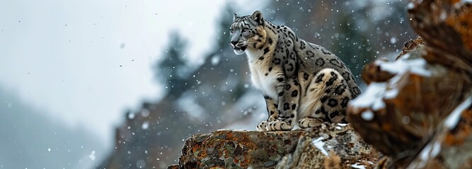 Solitary Snow Leopard on Rocky Ledge - obrazy, fototapety, plakaty