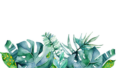 Watercolor banner, template made from hand drawn monstera, palm leaves and banana leaves. Tropical leaves.Tropics, botanical composition. Place for text, inscriptions. - obrazy, fototapety, plakaty