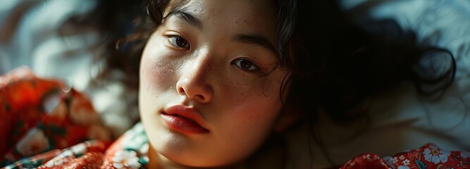 Serene Korean Girl in Theatrical Expression of Contentment - obrazy, fototapety, plakaty