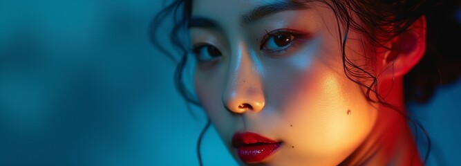 Bold Korean Woman on Royal Blue Background - obrazy, fototapety, plakaty