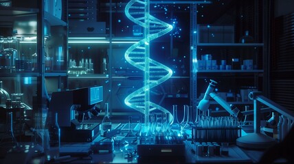 In the heart of a laboratory, a DNA double helix emerges, bathed in the soft glow of bioluminescent lighting. 

