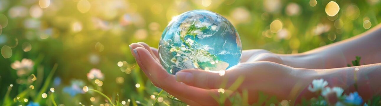 Woman hand holding a glass planet Earth on a green grass. Generate AI image