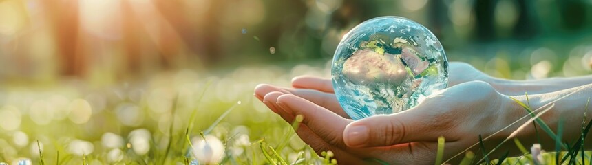 Woman hand holding a glass planet Earth on a green grass. Generate AI image - obrazy, fototapety, plakaty