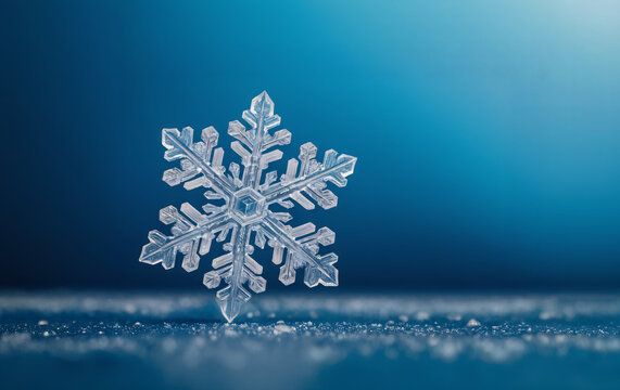 One snowflake is depicted in detail on a bright blue background of a crystal surface.