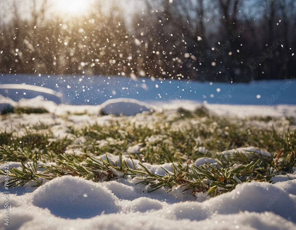 Poster a snow-covered field with patches of grass and trees in the background under a cloudy sky