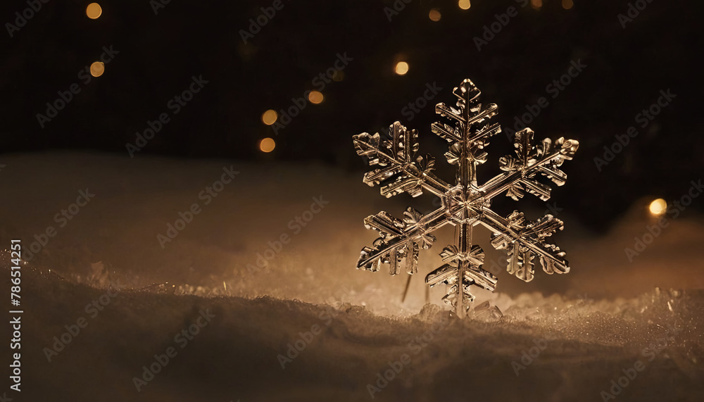Poster a snowflake gently settles on the cold, white snow, creating a delicate contrast against the winter 
