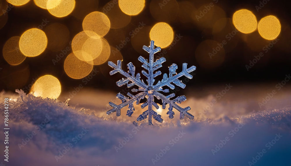 Poster a single snowflake gently resting on the snow-covered ground, blending in seamlessly with its surrou
