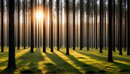 dense pine forest with low standing morning sun against the light