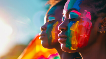 African Girls with Rainbow Face Paint at LGBT Demonstration

