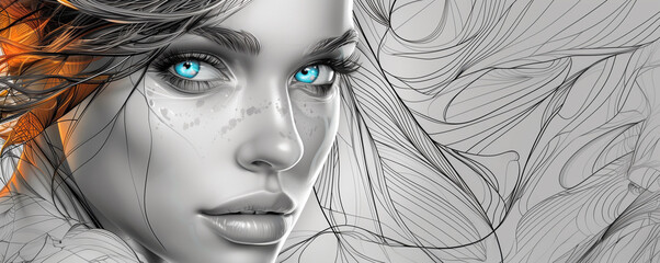 Pencil drwaing of beautiful blue-eyed woman looking at camera, horizontal wide banner view. Beauty and females concept