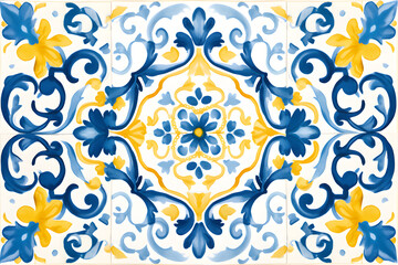 Pattern of Portuguese azulejos tiles. Rustic blue and yellow tile watercolor seamless pattern