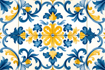Pattern of Portuguese azulejos tiles. Rustic blue and yellow tile watercolor seamless pattern