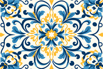 Pattern of Portuguese azulejos tiles. Rustic blue and yellow tile watercolor seamless pattern