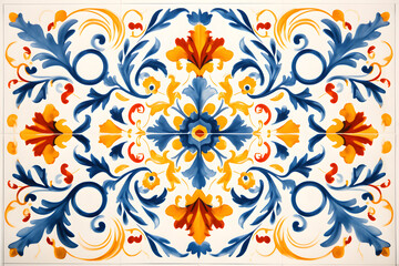 Pattern of Portuguese azulejos tiles. Rustic blue and yellow tile watercolor seamless pattern