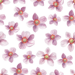 Seamless Pattern with Watercolor Japanese Anemone Flower on white background