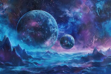 Beautiful Planet Floating on Mystical Space, Surrounded by Earth and Galaxy Universe in a Colorful Cosmic Sky