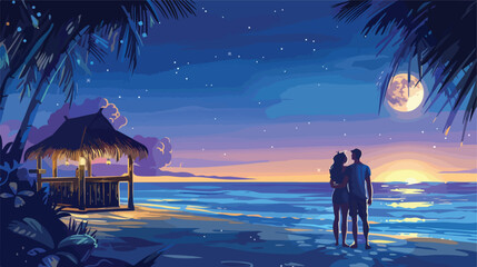 Young couple stand near tiki bar on shore of tropical