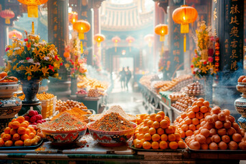 Traditional dishes and sweets prepared and distributed on Buddha's birthday celebration, happy people