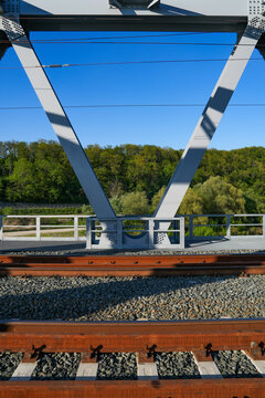 Metal structure of a railway bridge over Mures river in Arad county, Romania, Europe