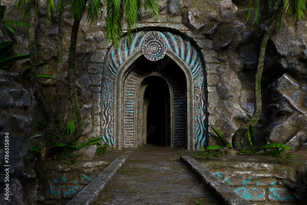 Poster entrance to an ancient fantasy building in the side of a mountain. 3d render.