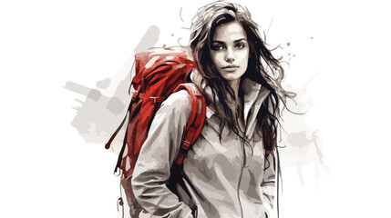 Young woman with backpack scribble Vector illustration