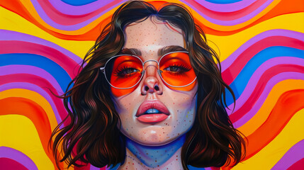 Vibrant Acrylic Painting of Woman on Rainbow Background

