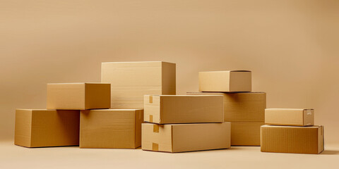 Photo of many cardboard boxes stacked on top of each other on a neutral, beige colored background in a minimalistic style with soft lighting and neutral colors,