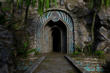 Fototapeta na wymiar Entrance to an ancient fantasy building in the side of a mountain. 3D render.