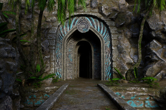 Entrance to an ancient fantasy building in the side of a mountain. 3D render.