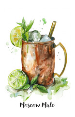 Watercolor illustration of a Moscow Mule cocktail isolated on white