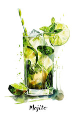 Watercolor illustration of a Mojito cocktail isolated on white