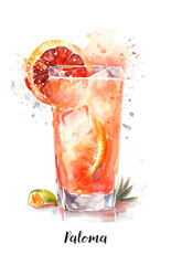 Watercolor illustration of a Paloma cocktail isolated on white
