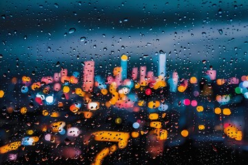 Abstract city lights, blurred by the rain. The raindrops catch the light, creating a dazzling display of colors and shapes. The cityscape is set against a dark, stormy sky.
